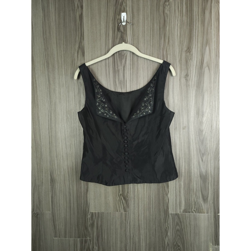 Michaelangelo Black Taffeta Evening Top Embroidered Rhinestone Button Back Sz 10